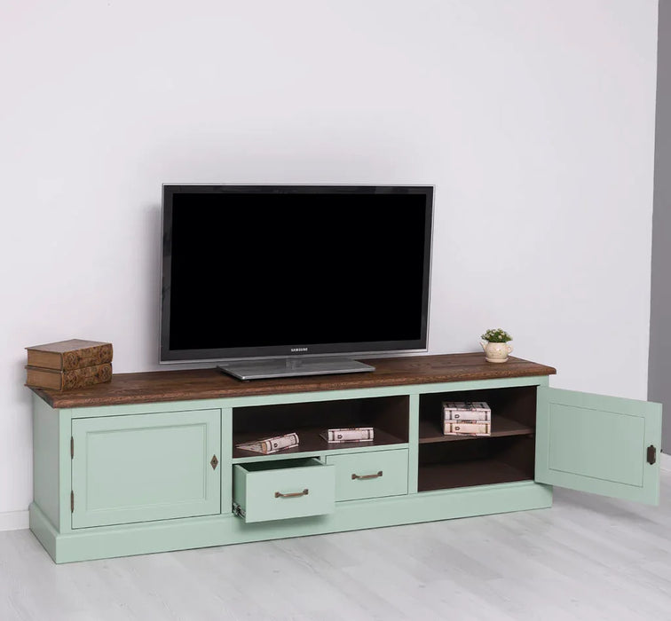 Großes TV-Board aus Massivholz | Zweitüriges Lowboard mit Schubladen