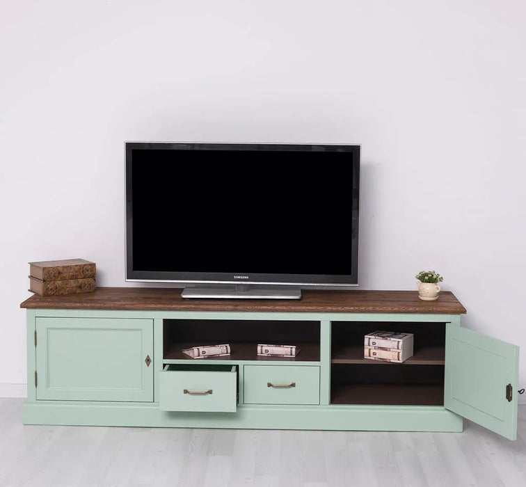 Großes TV-Board aus Massivholz | Zweitüriges Lowboard mit Schubladen
