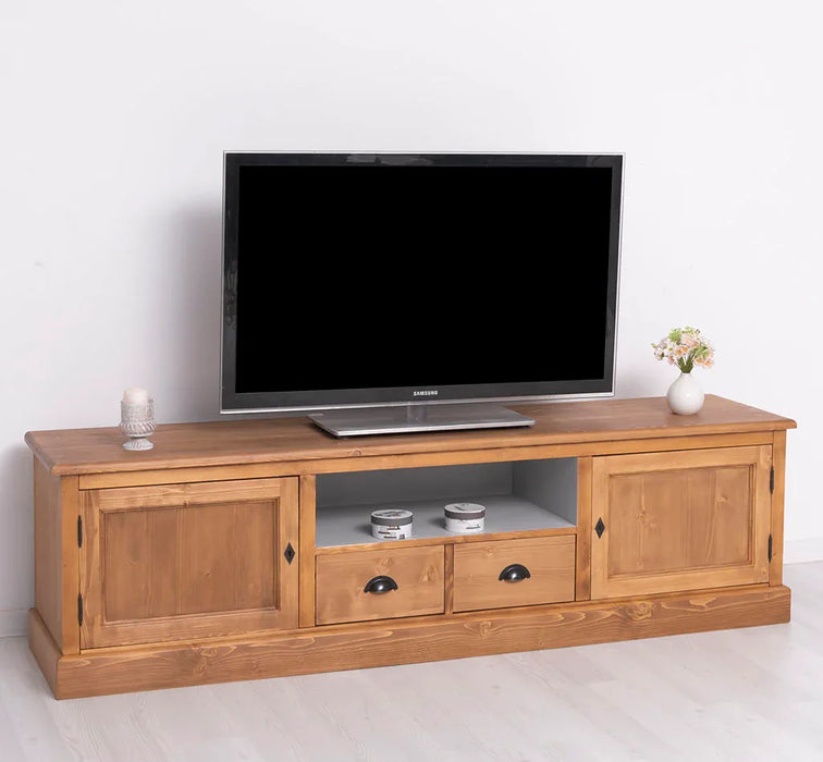 Großes TV-Board aus Massivholz | Zweitüriges Lowboard mit Schubladen