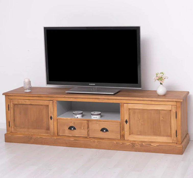 Großes TV-Board aus Massivholz | Zweitüriges Lowboard mit Schubladen