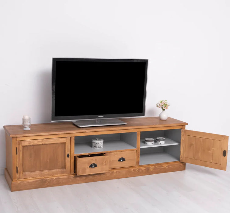 Großes TV-Board aus Massivholz | Zweitüriges Lowboard mit Schubladen