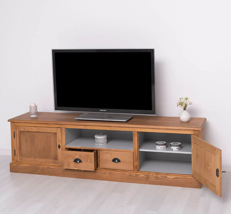 Großes TV-Board aus Massivholz | Zweitüriges Lowboard mit Schubladen