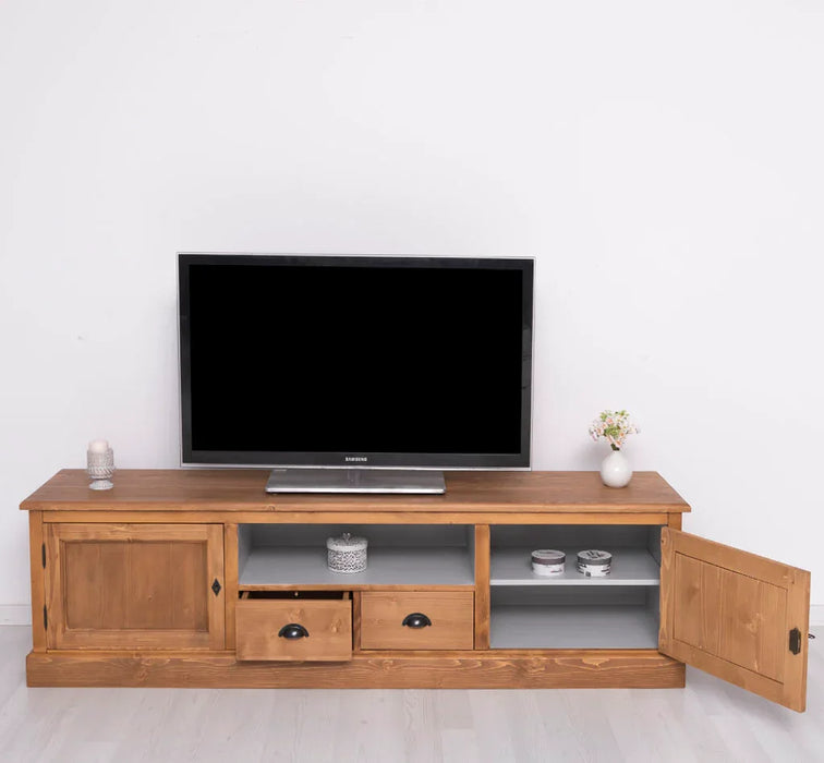 Großes TV-Board aus Massivholz | Zweitüriges Lowboard mit Schubladen