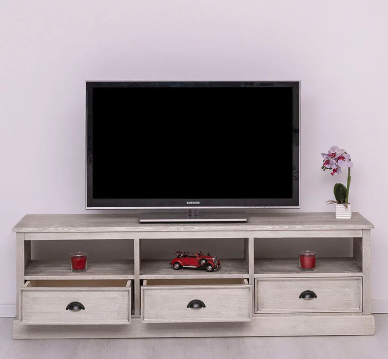 Großes TV-Board aus Massivholz mit drei Schubladen