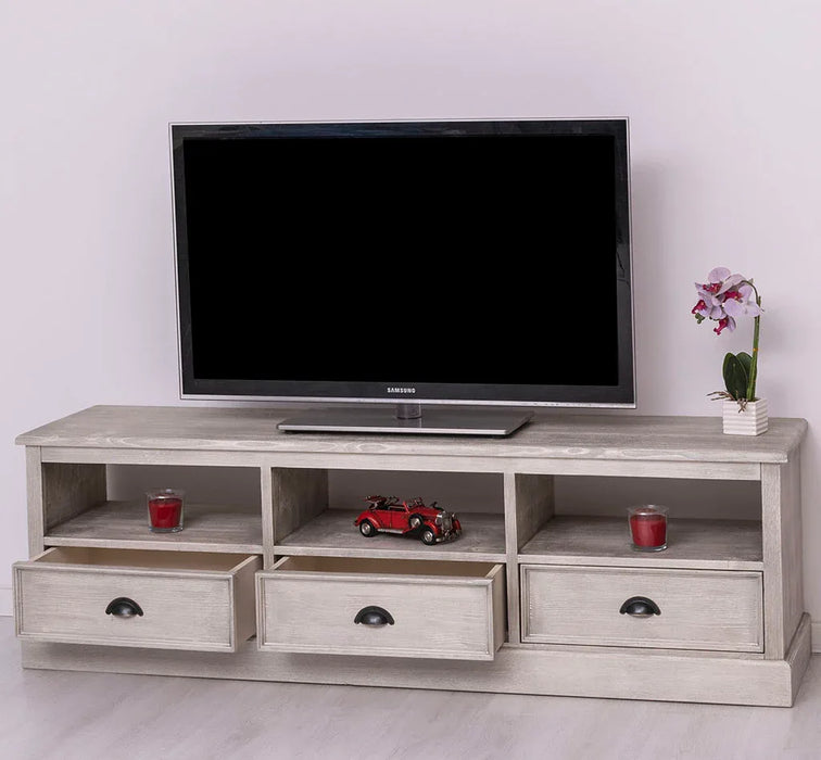 Großes TV-Board aus Massivholz mit drei Schubladen