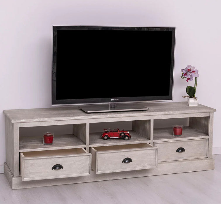 Großes TV-Board aus Massivholz mit drei Schubladen