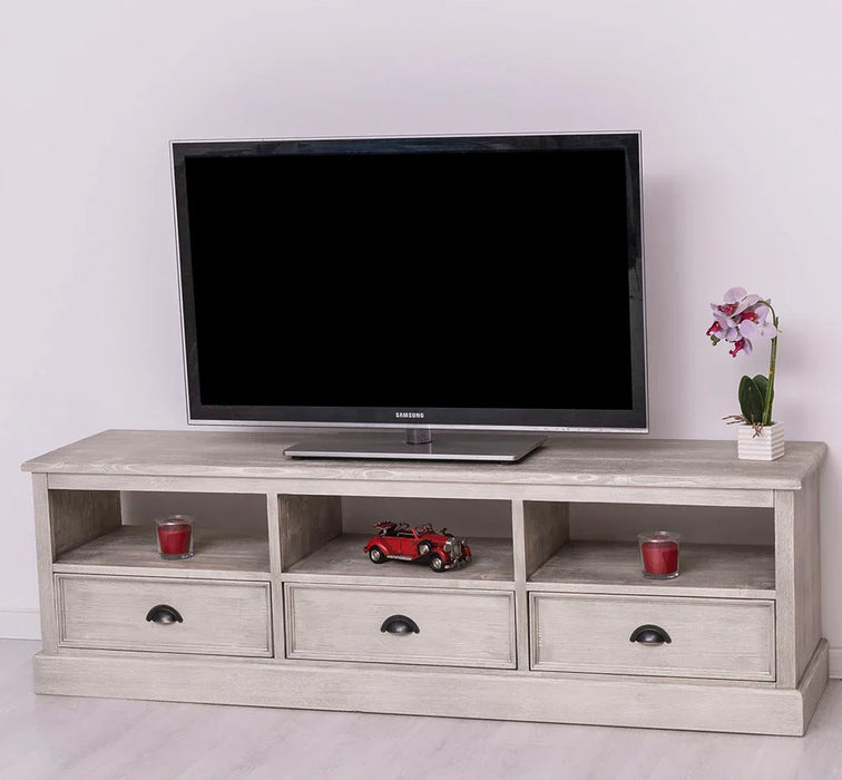 Großes TV-Board aus Massivholz mit drei Schubladen