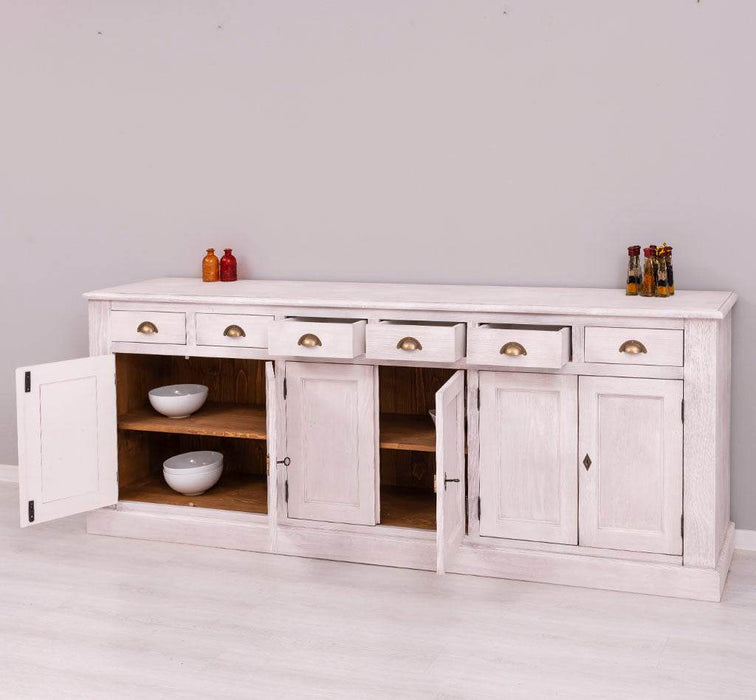 Großes Sideboard aus Massivholz mit sechs Schubladen und Türen -