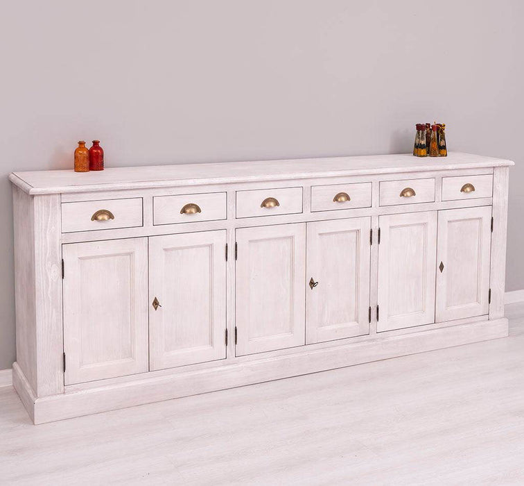 Großes Sideboard aus Massivholz mit sechs Schubladen und Türen -