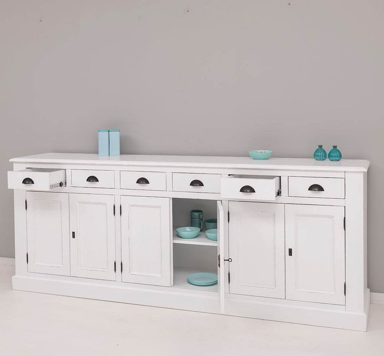 Großes Sideboard aus Massivholz mit sechs Schubladen und Türen -