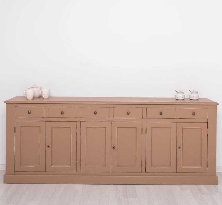 Großes Sideboard aus Massivholz mit sechs Schubladen und Türen -