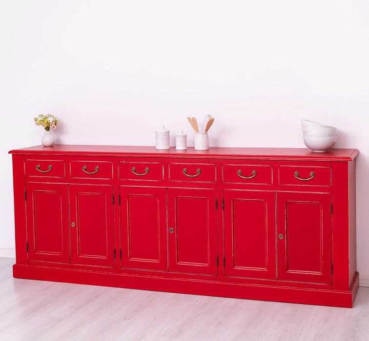 Großes Sideboard aus Massivholz mit sechs Schubladen und Türen -