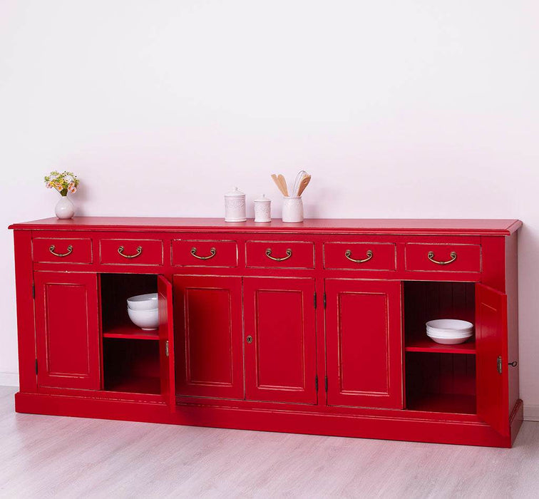 Großes Sideboard aus Massivholz mit sechs Schubladen und Türen -