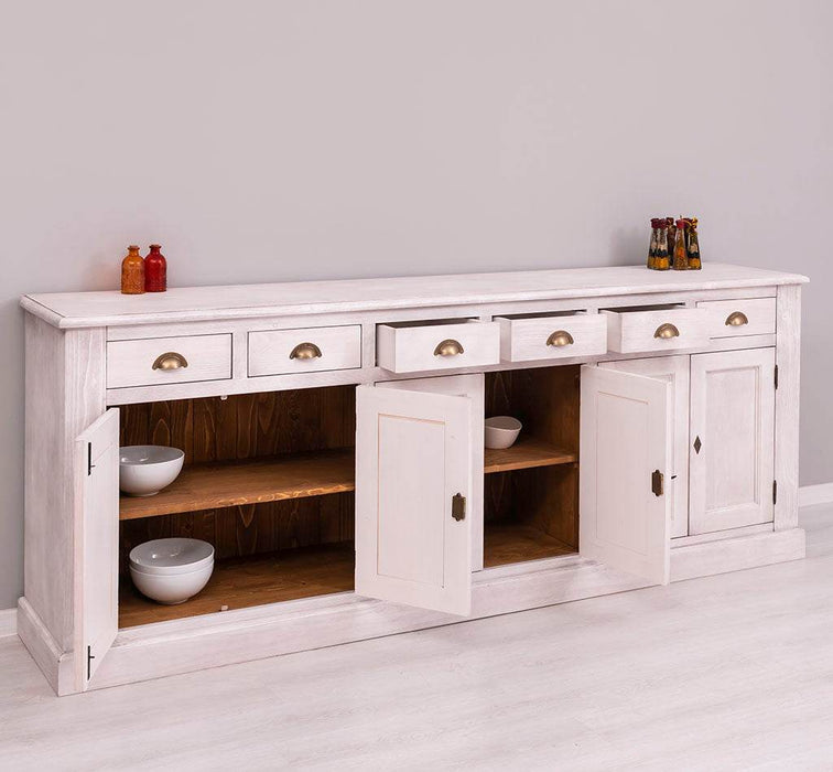 Großes Sideboard aus Massivholz mit sechs Schubladen und Türen -