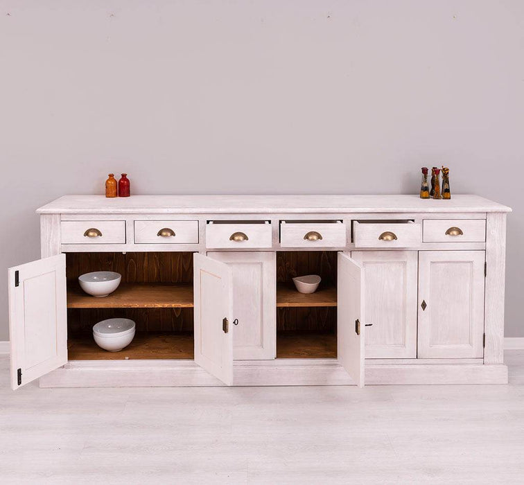 Großes Sideboard aus Massivholz mit sechs Schubladen und Türen -