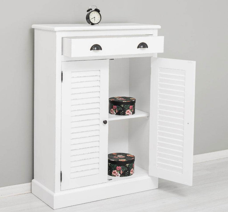 Kleine Kommode aus Massivholz mit Lamellentüren - Vintage Weiß
