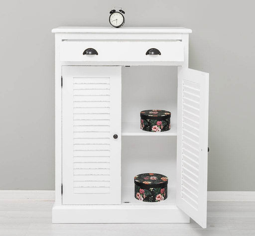 Kleine Kommode aus Massivholz mit Lamellentüren - Vintage Weiß