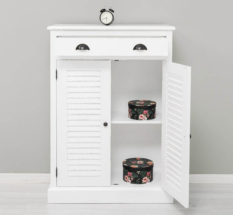 Kleine Kommode aus Massivholz mit Lamellentüren - Vintage Weiß