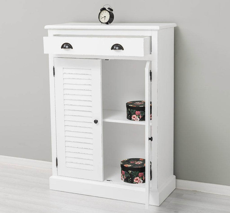 Kleine Kommode aus Massivholz mit Lamellentüren - Vintage Weiß