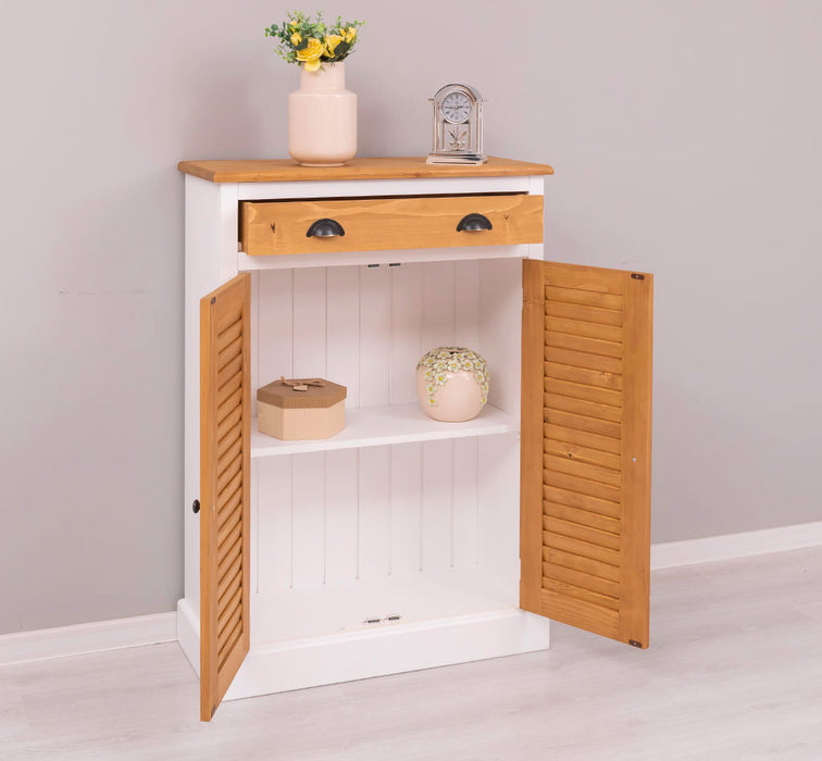 Kleine Vintage Kommode aus Massivholz mit Lamellentüren