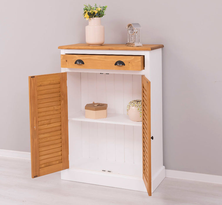 Kleine Vintage Kommode aus Massivholz mit Lamellentüren
