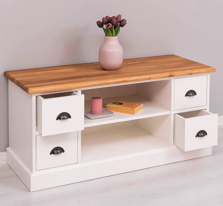 TV-Board aus Massivholz mit 4 Schubladen und Ablage aus Eiche