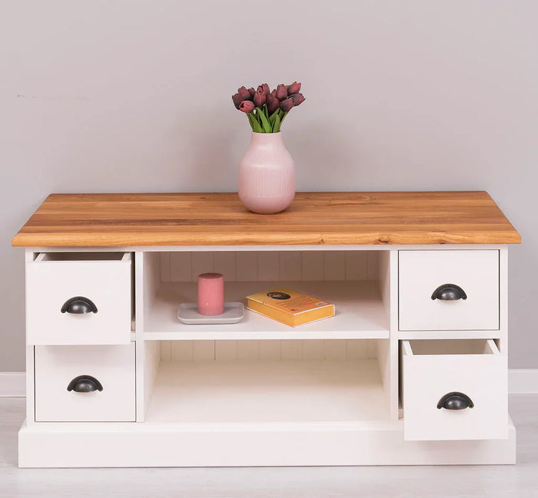 TV-Board aus Massivholz mit 4 Schubladen und Ablage aus Eiche