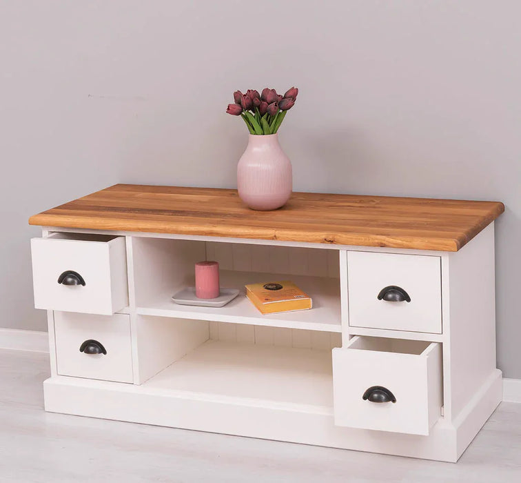 TV-Board aus Massivholz mit 4 Schubladen und Ablage aus Eiche