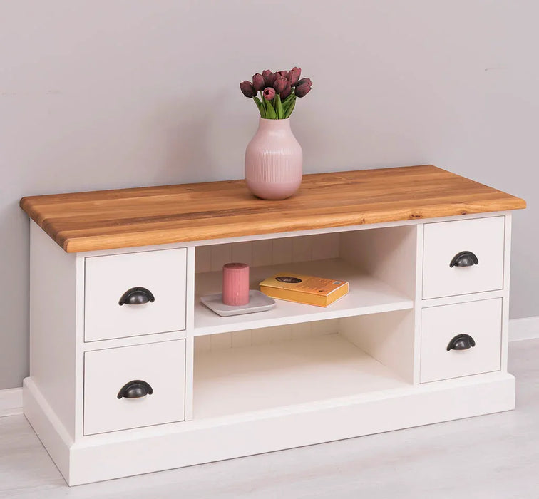 TV-Board aus Massivholz mit 4 Schubladen und Ablage aus Eiche