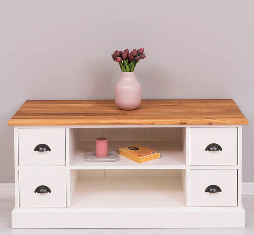 TV-Board aus Massivholz mit 4 Schubladen und Ablage aus Eiche