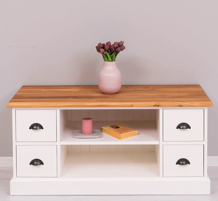 TV-Board aus Massivholz mit 4 Schubladen und Ablage aus Eiche