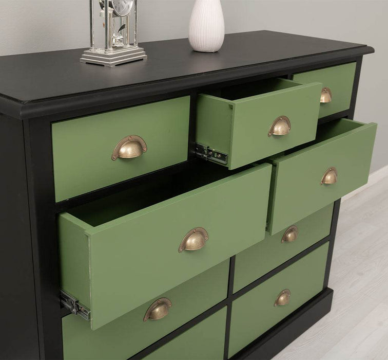 Kommode aus Massivholz | Sideboard mit 9 Schubladen - Schwarz - Grün