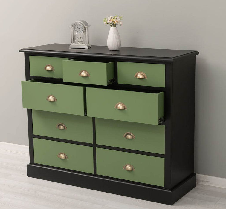 Kommode aus Massivholz | Sideboard mit 9 Schubladen - Schwarz - Grün
