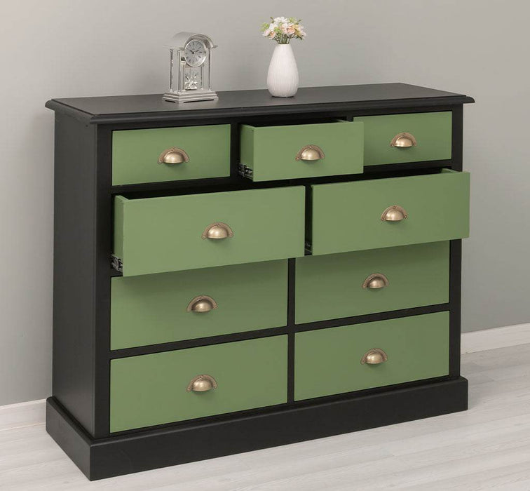 Kommode aus Massivholz | Sideboard mit 9 Schubladen - Schwarz - Grün