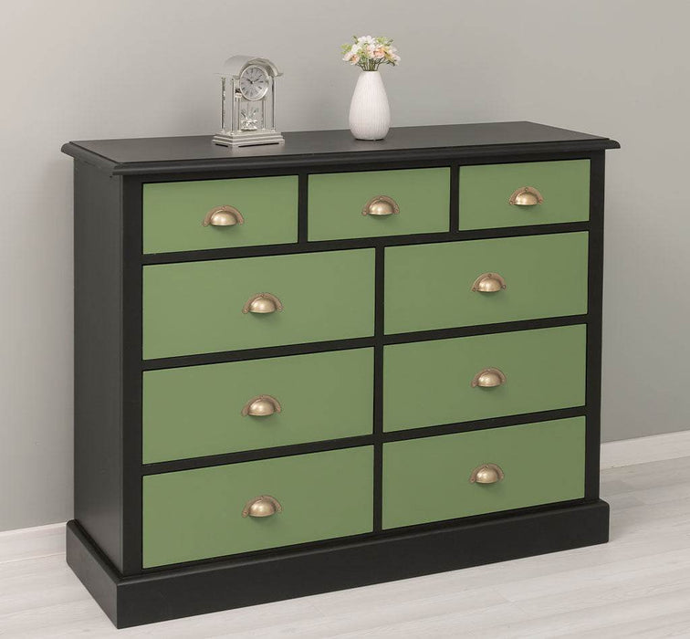 Kommode aus Massivholz | Sideboard mit 9 Schubladen - Schwarz - Grün