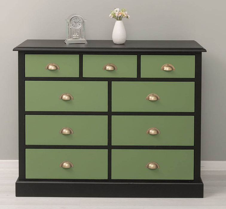 Kommode aus Massivholz | Sideboard mit 9 Schubladen - Schwarz - Grün