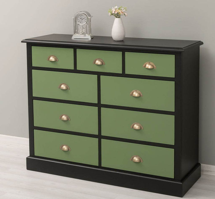 Kommode aus Massivholz | Sideboard mit 9 Schubladen - Schwarz - Grün
