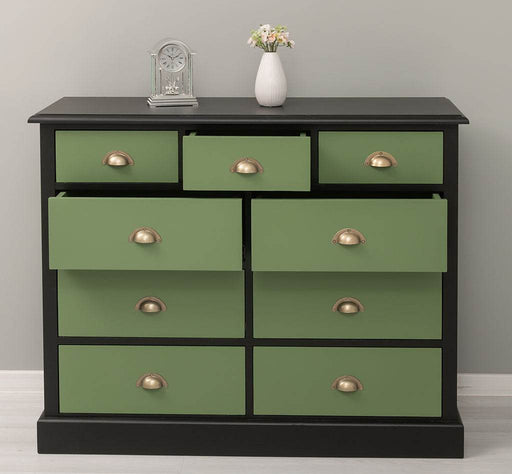 Kommode aus Massivholz | Sideboard mit 9 Schubladen - Schwarz - Grün
