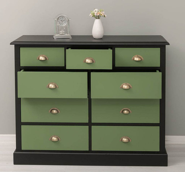 Kommode aus Massivholz | Sideboard mit 9 Schubladen - Schwarz - Grün