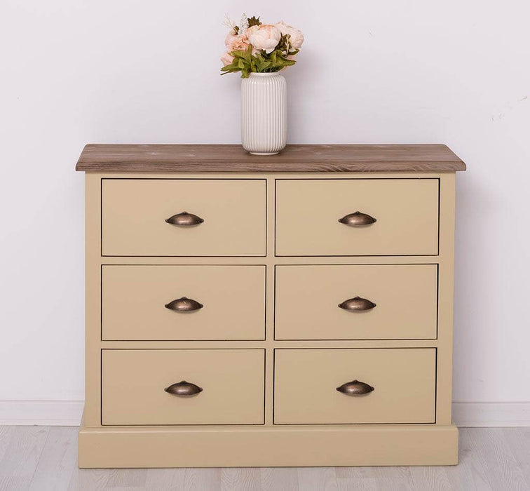 Kommode 100 aus Massivholz mit 6 Schubladen - Geflammt gebürstet - Sandbeige