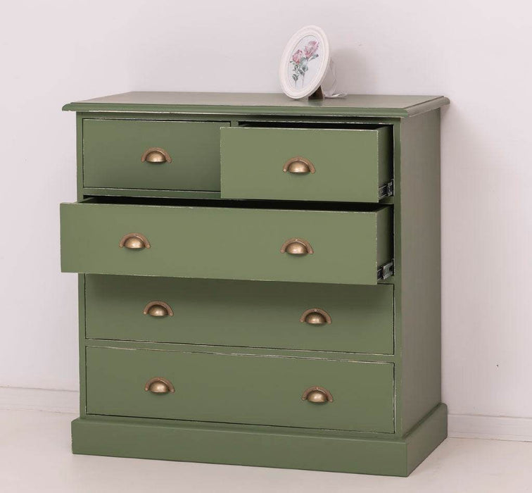 Kommode aus Massivholz mit fünf Schubladen in verschiedenen Farben - Vintage Grün