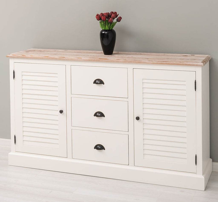 Kommode mit Lamellentüren | Sideboard aus Massivholz - Gebürstet - Altweiß