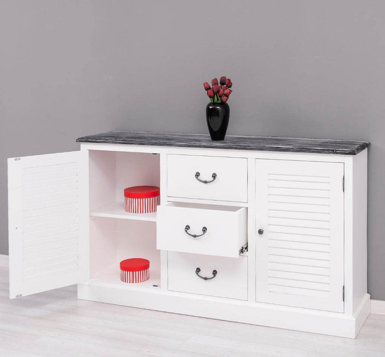 Kommode mit Lamellentüren | Sideboard aus Massivholz - Gebürstet - Altweiß