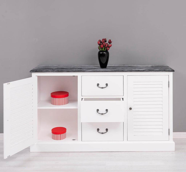 Kommode mit Lamellentüren | Sideboard aus Massivholz - Gebürstet - Altweiß