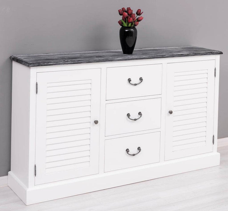 Kommode mit Lamellentüren | Sideboard aus Massivholz - Gebürstet - Altweiß
