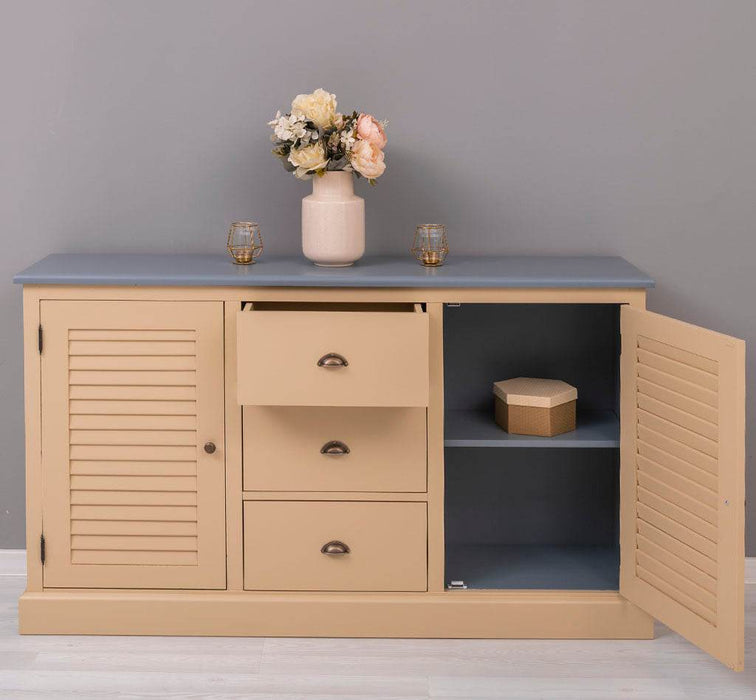 Kommode mit Lamellentüren | Sideboard aus Massivholz - Gebürstet - Altweiß