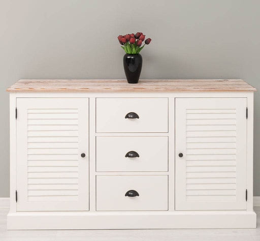 Kommode mit Lamellentüren | Sideboard aus Massivholz - Gebürstet - Altweiß