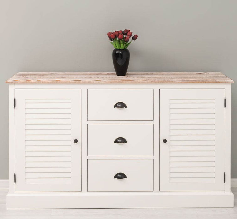 Kommode mit Lamellentüren | Sideboard aus Massivholz - Gebürstet - Altweiß