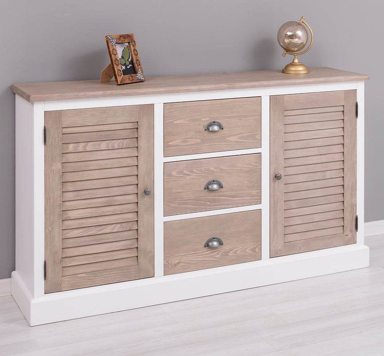 Kommode mit Lamellentüren | Sideboard aus Massivholz - Gebürstet - Altweiß