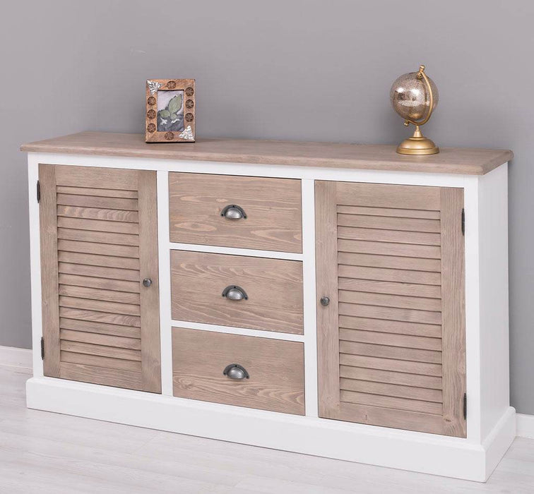 Kommode mit Lamellentüren | Sideboard aus Massivholz - Gebürstet - Altweiß